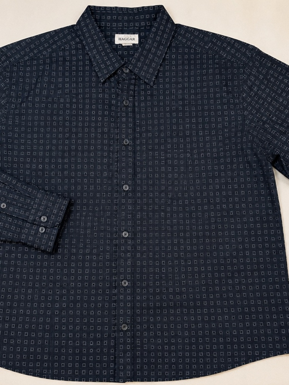 Haggar XL Navy Geometric Print Button Front Shirt 100% Cotton Long Sleeve